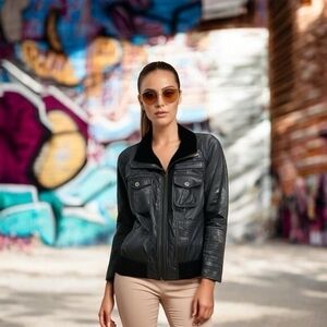 ONLY Limitless Bomber Jacket Size S Black Leather Unisex Zip Front Rib Knit VG